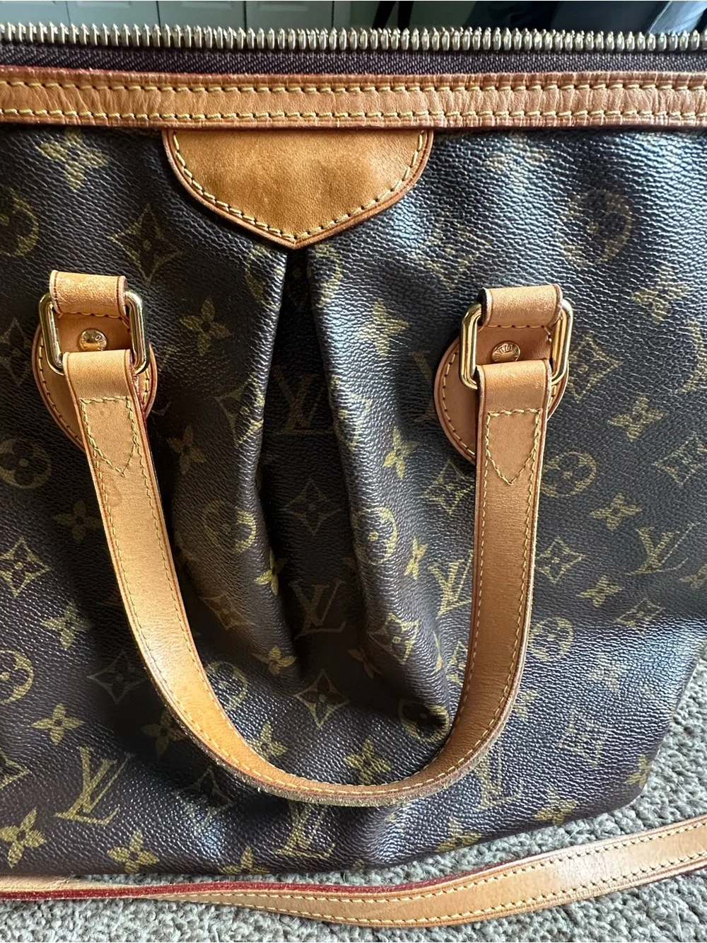 Louis Vuitton Monogram Canvas Tote in Dark Brown with Tan Leather Trim Authentic